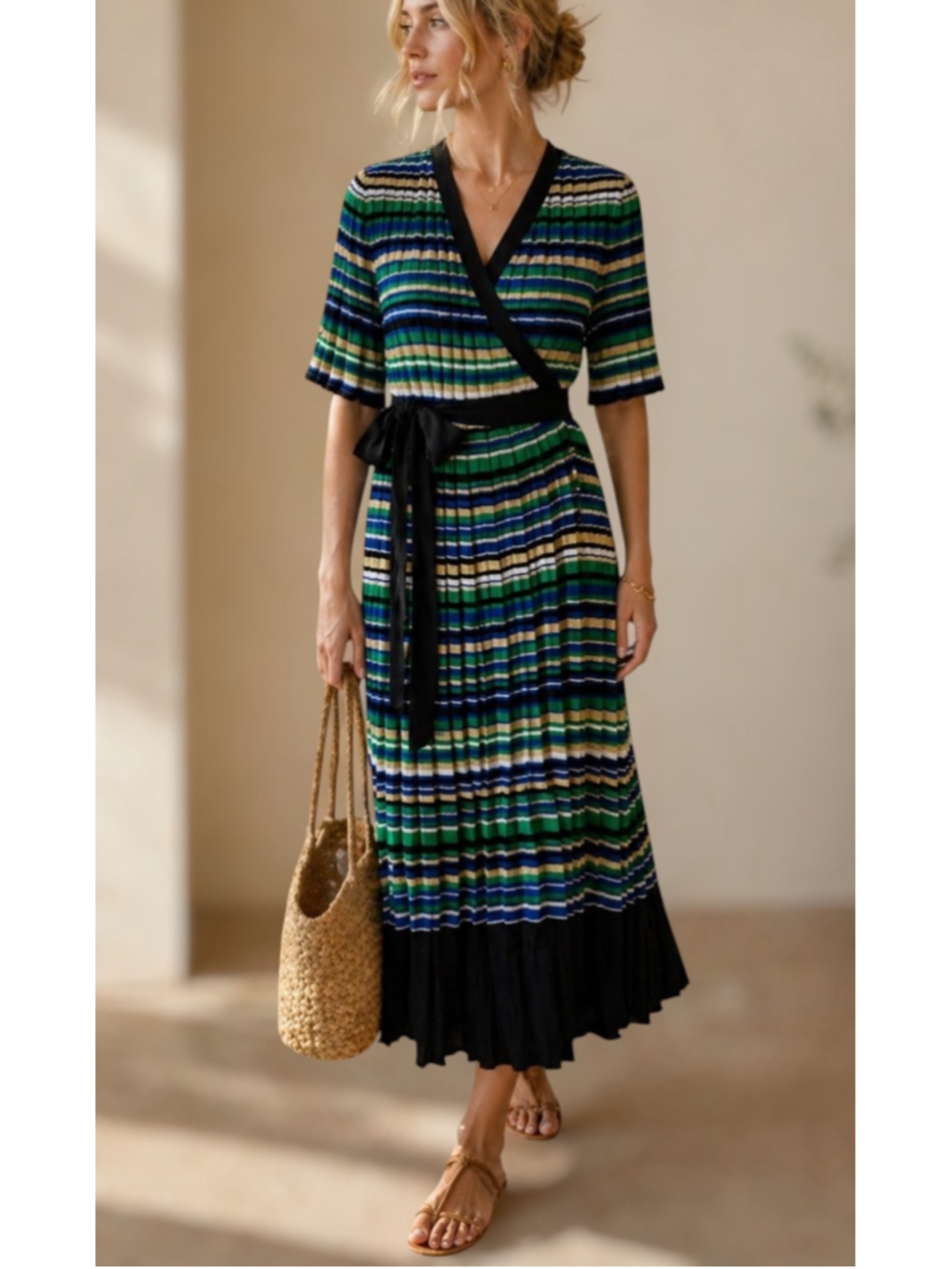 Maje Ramacca Striped Knit Maxi Wrap Dress Blue/Green Women's Large Made in Italy